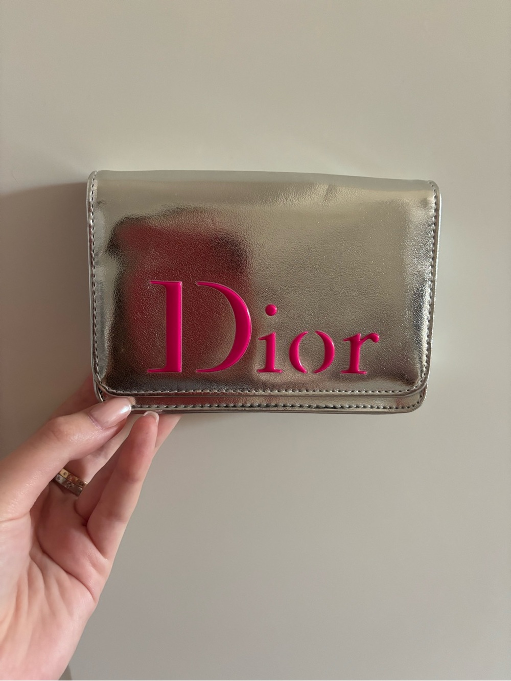 Dior Metallic Silver Wallet/Clutch with Pink Logo - Picture 1 of 3